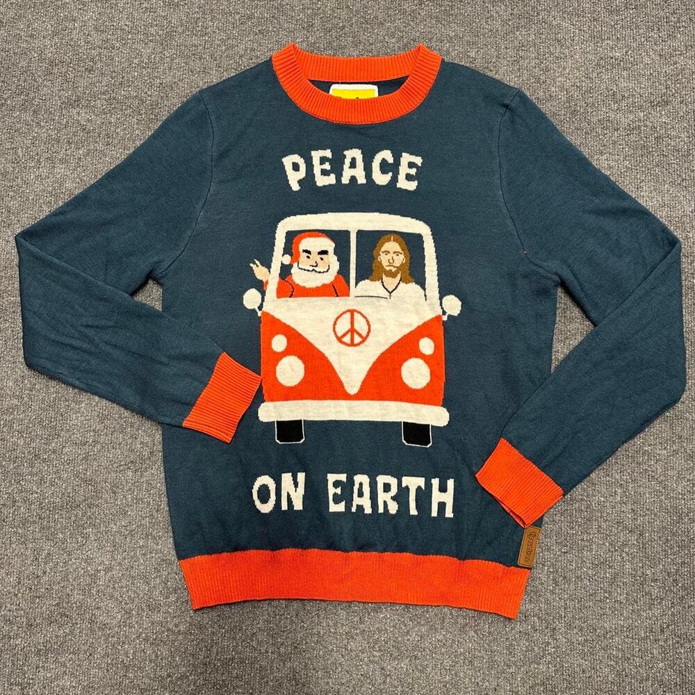 Tipsy Elves Men’s Peace On Earth Ugly Sweater Hippie Jesus Santa VW Bus Unisex L